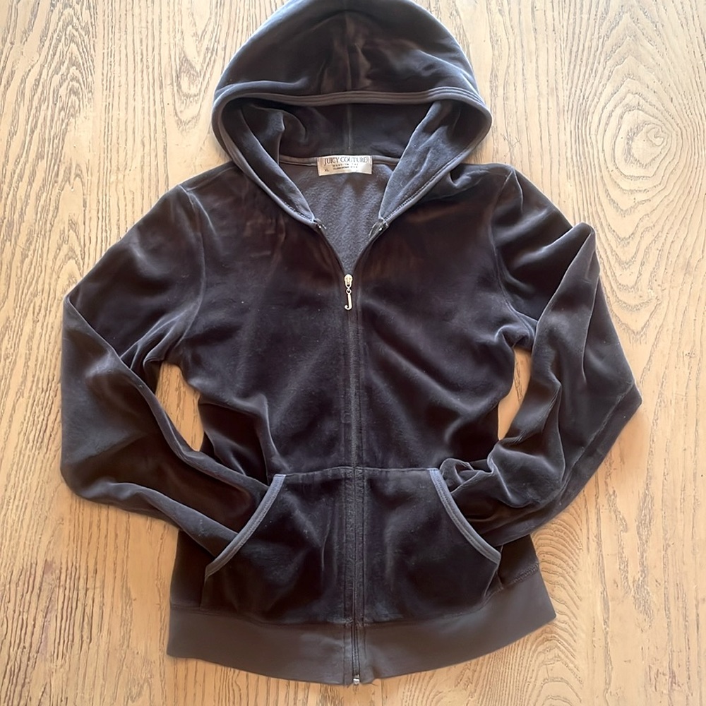 Original stretch velour Juicy Couture fitted hoodie dark greenish charcoal